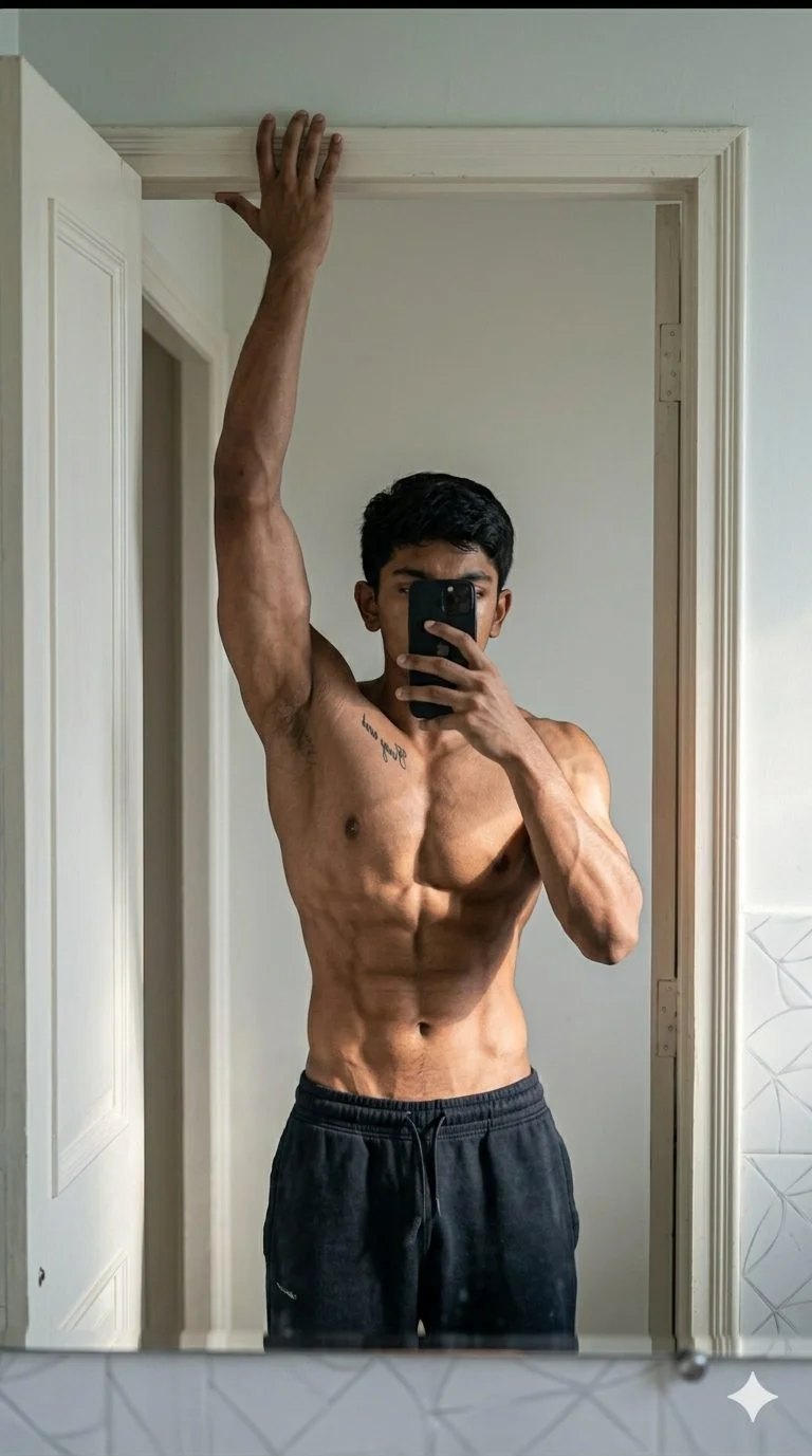 gym mirror aesthetic body pose selfie prompt