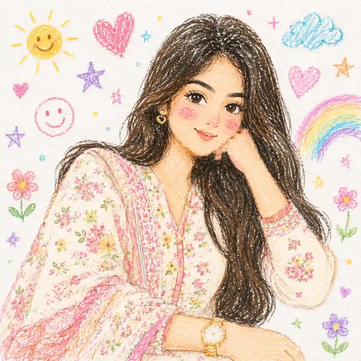 Cute Crayon Portrait Illustration – Pastel Hand-Drawn Cartoon Art from Photo